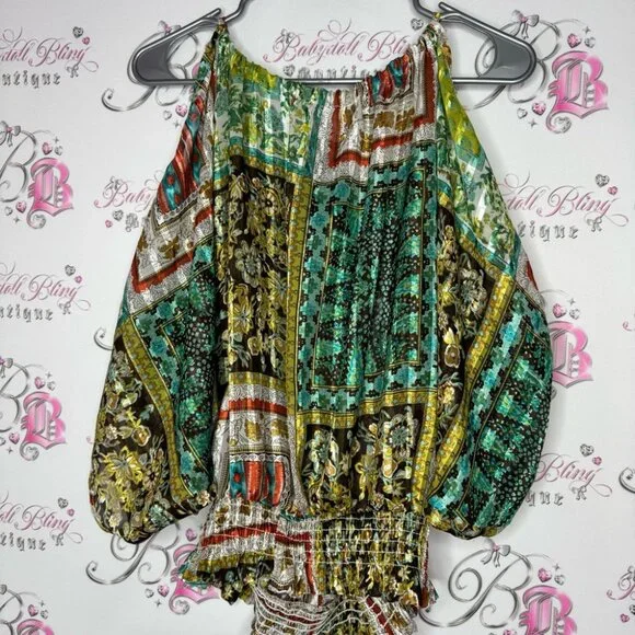 Costa Blanca open shoulder blouse top shirt paisley boho silky shimmer keyhole - Picture 10 of 12